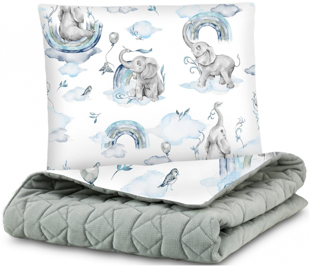Set Paturica și Pernă Babymam Minky Blue Elephant - imagine 2