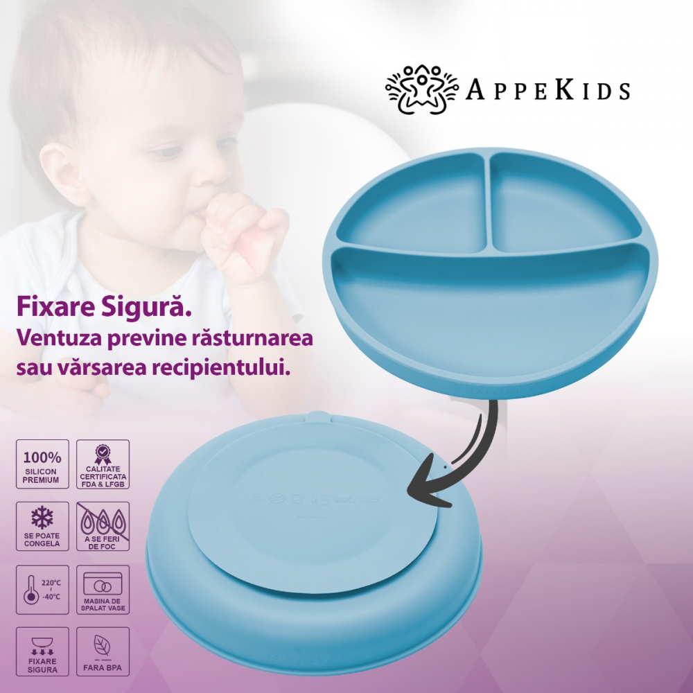Farfurie Silicon cu Ventuza AppeKids Aqua Blue - imagine 3