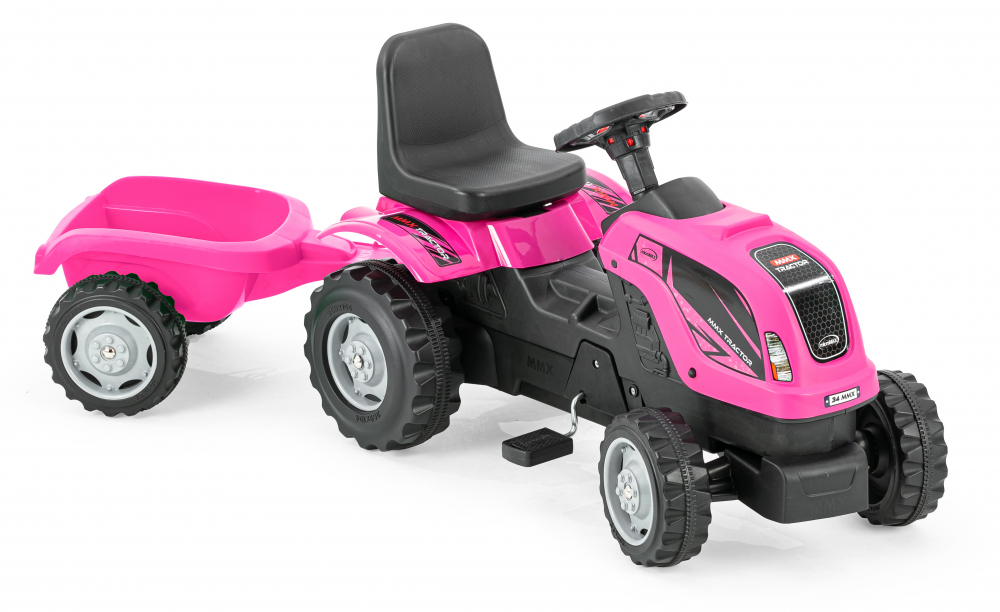 Tractor cu pedale Micromax MMX Pink și remorcă