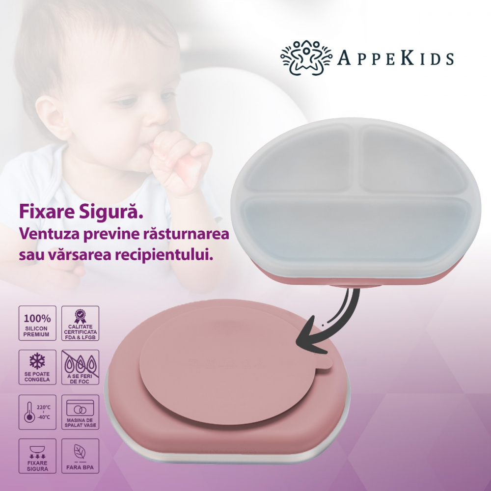 Farfurie Silicon AppeKids Old Rose cu Ventuză - imagine 2