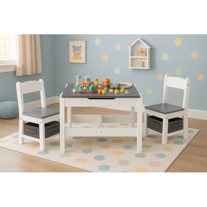 Ecotoys Masă cu 2 scaune copii alb-gri cu depozitare - imagine 4