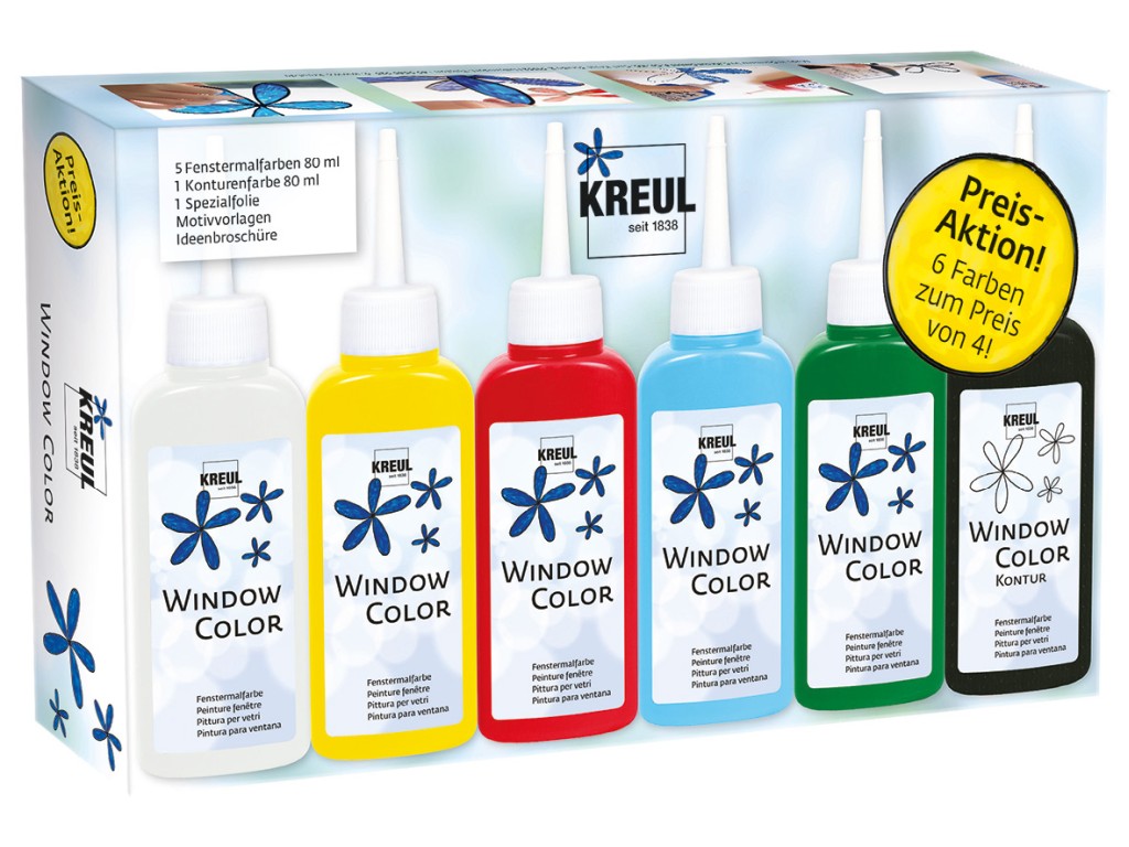Set Colorat Ferestre Kreul, 6 Culori + 2 Sabloane