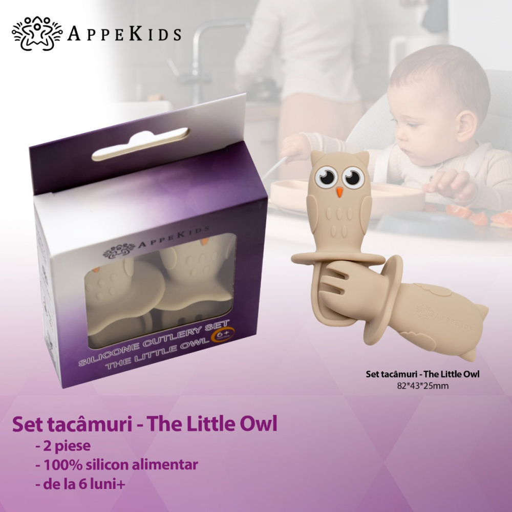 Set Tacămuri Silicon AppeKids OWL Bubble Beige - imagine 2