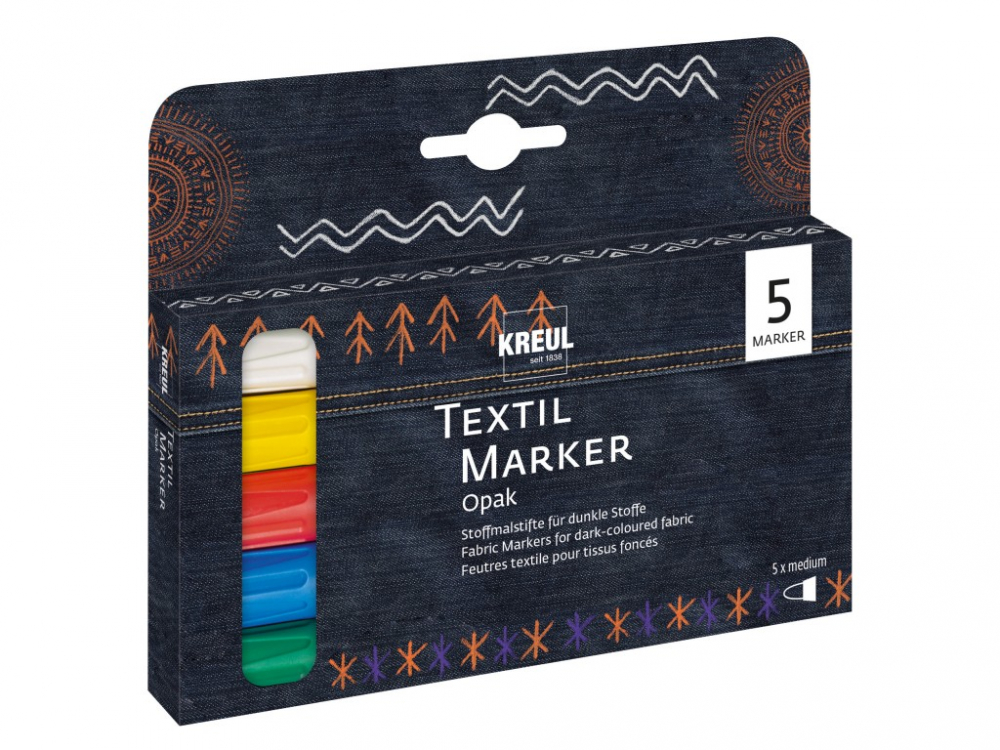 Set Markere Textile Kreul Opak, 5 Bucăți, Vârf Mediu