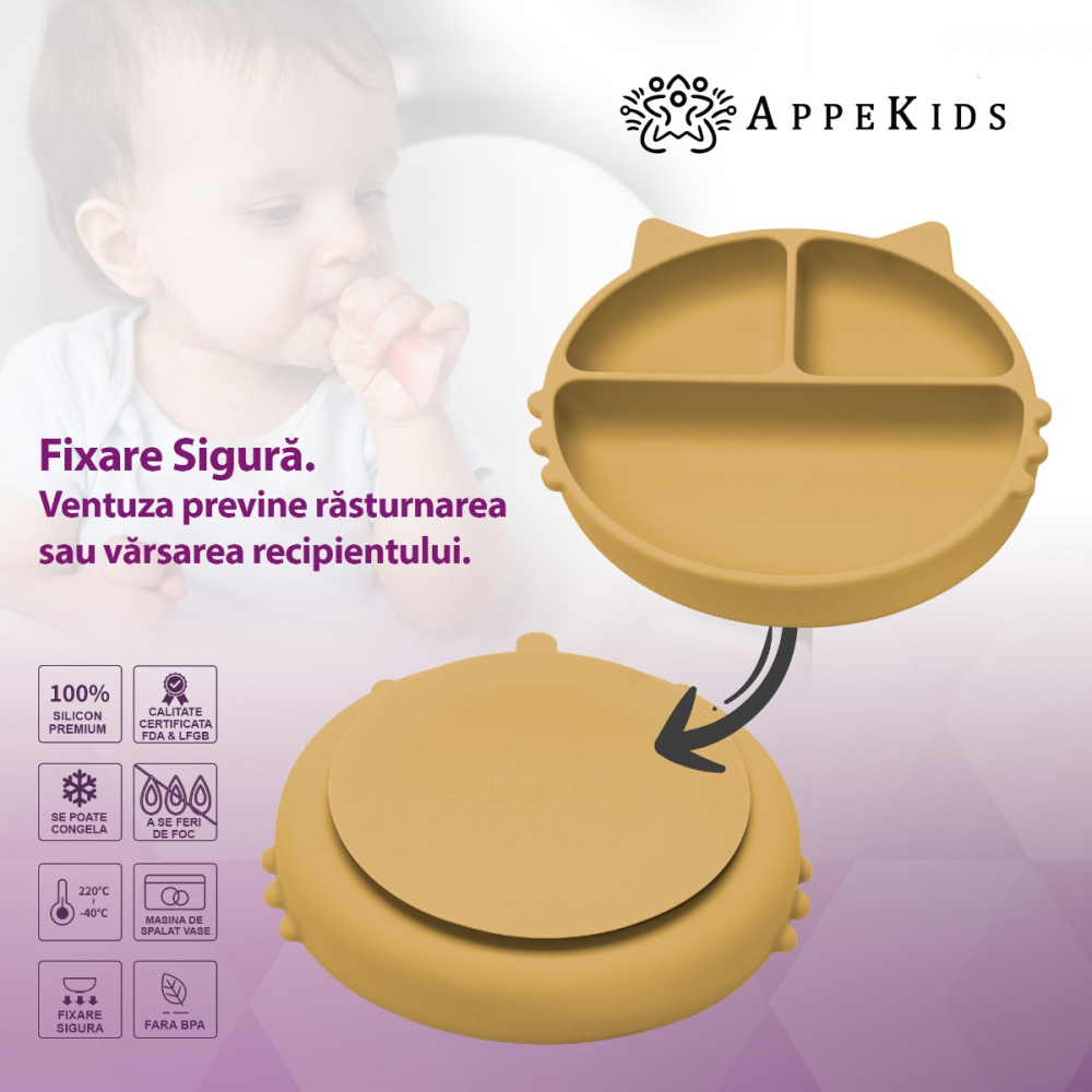Farfurie Silicon AppeKids Kitty Honey cu Ventuza - imagine 3