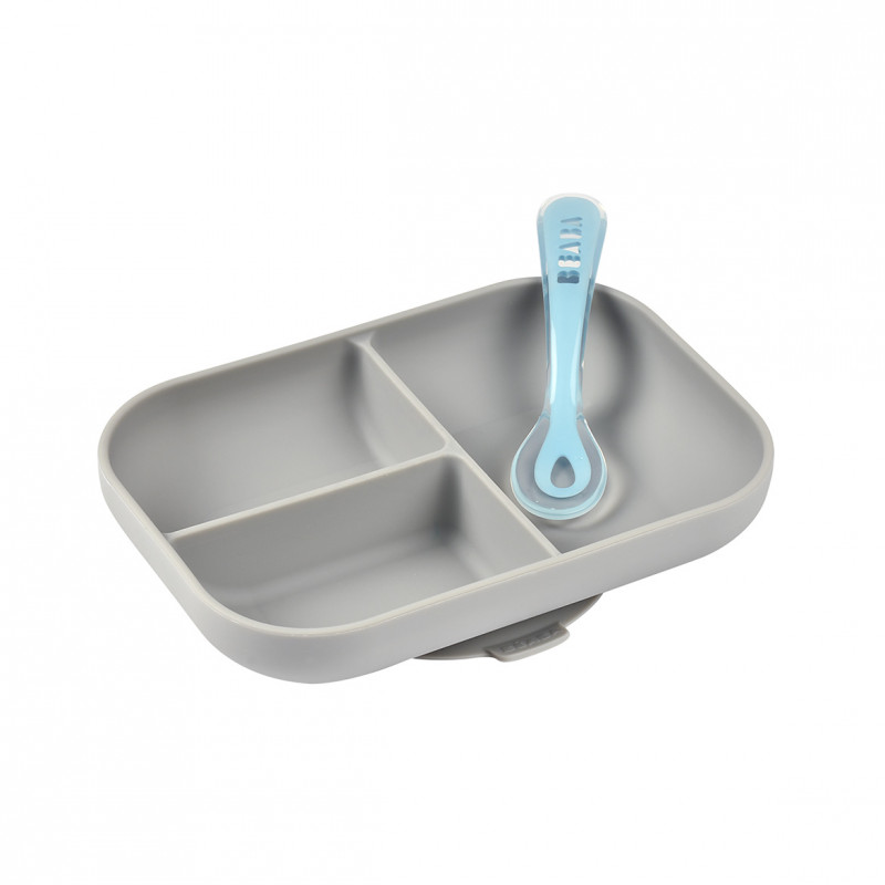 Set masă silicon Beaba 2 piese Gri - imagine 3