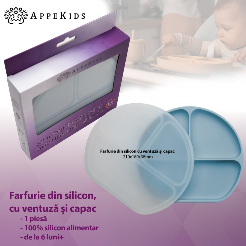 Farfurie Silicon AppeKids Aqua Blue cu Ventuză