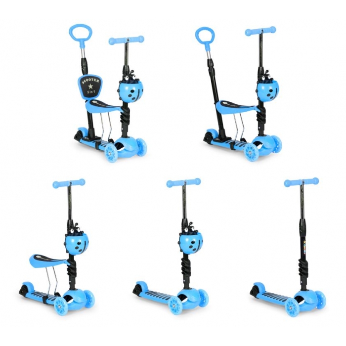 Trotineta 5 în 1 Ecotoys cu LED și Mâner, Albastru - imagine 2