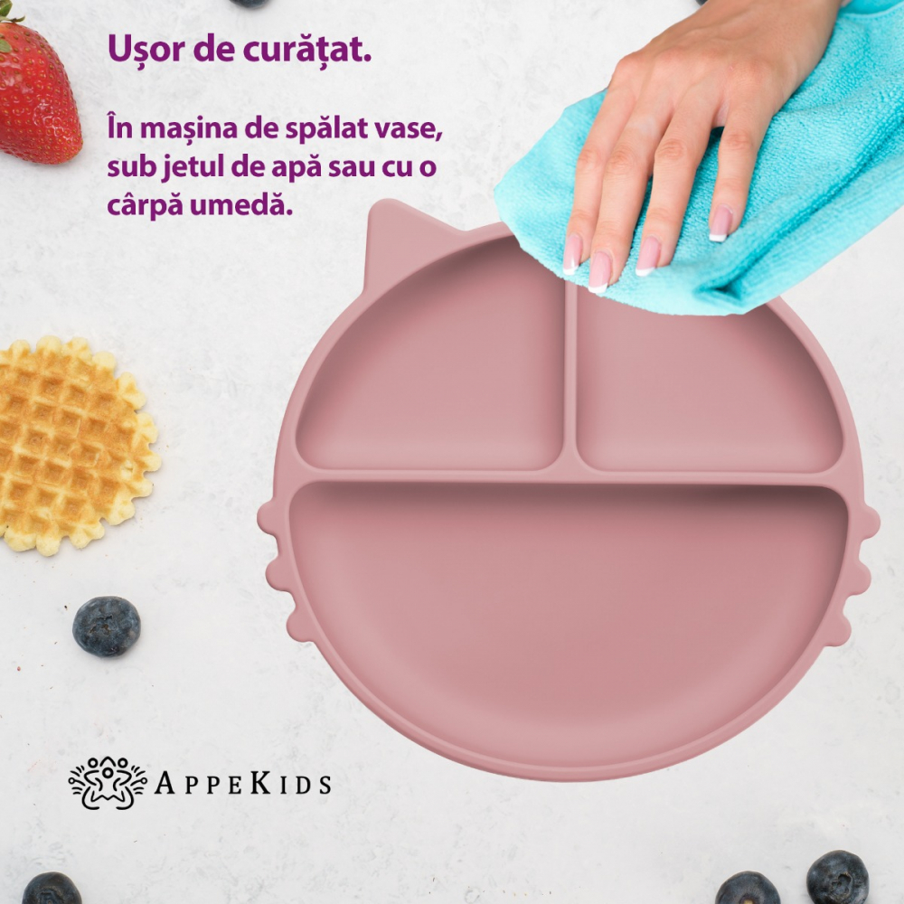 Farfurie Silicon AppeKids, Ventuza, Old Rose - imagine 4