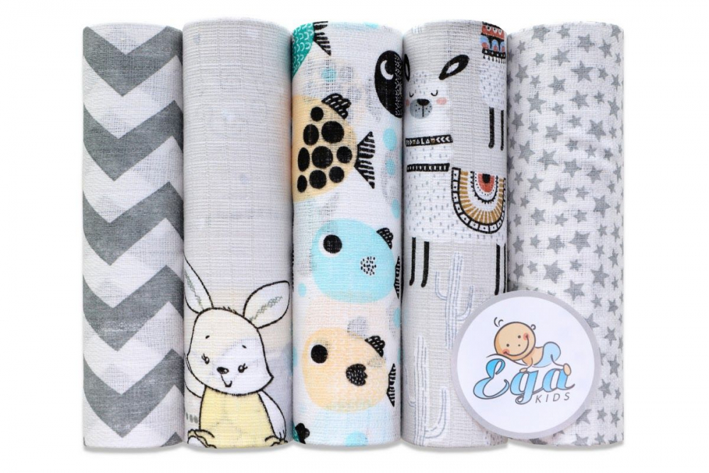 Set 5 scutece muselină Egakids, 70x80 cm, Gri