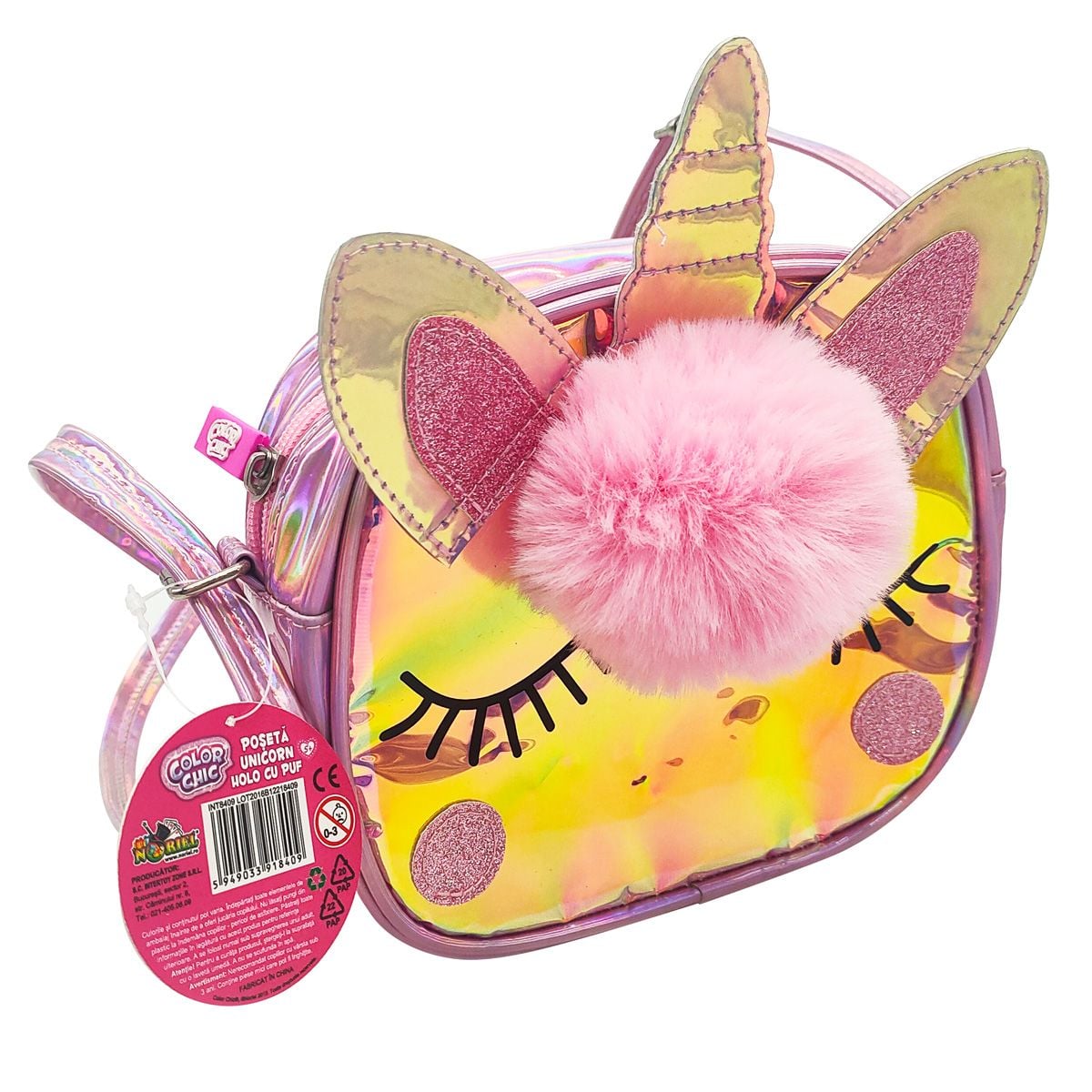 Poseta Unicorn Color Chic Holo cu Puf