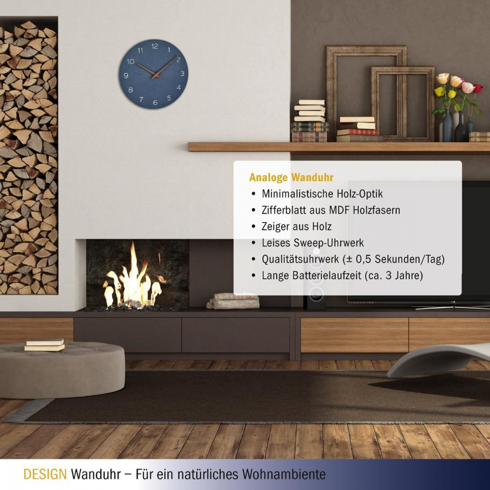 Ceas Tfa Silentios din Lemn | Design Albastru - imagine 2