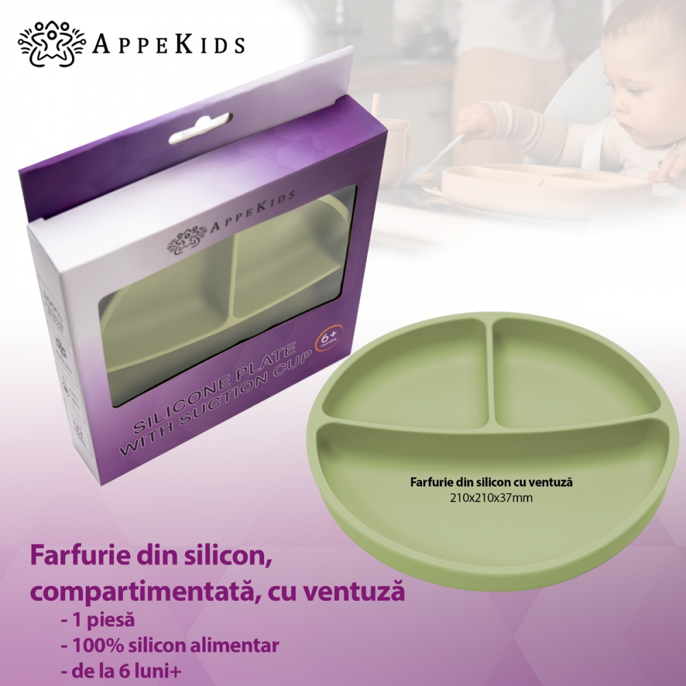 Farfurie Silicon AppeKids cu Ventuza, Raw Green - imagine 2