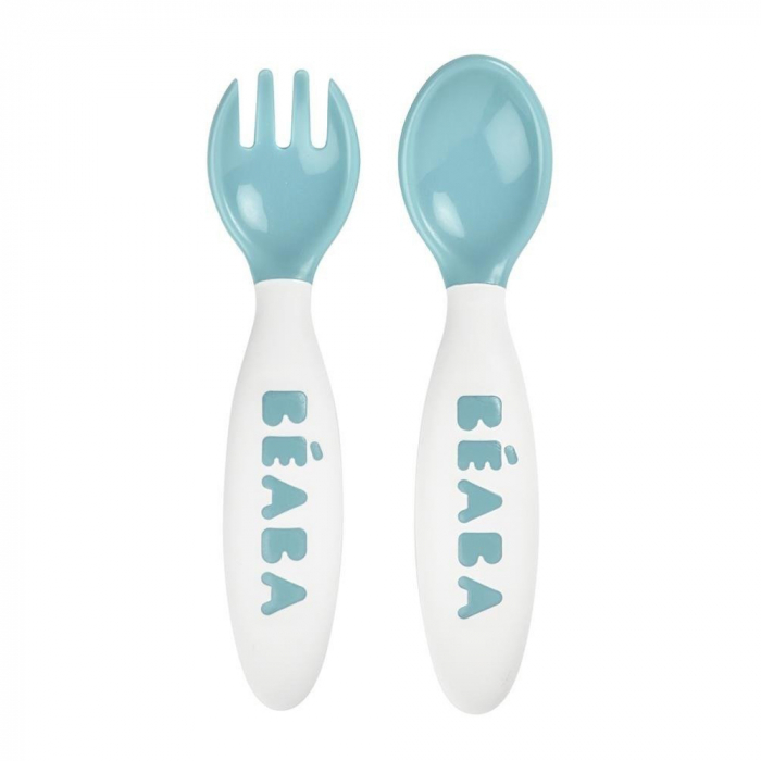 Set linguriță și furculiță Beaba Blue ergonomic