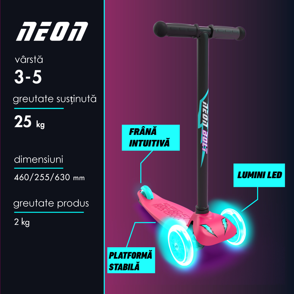 Trotineta Neon Bolt Pink 3 Roti LED - imagine 3