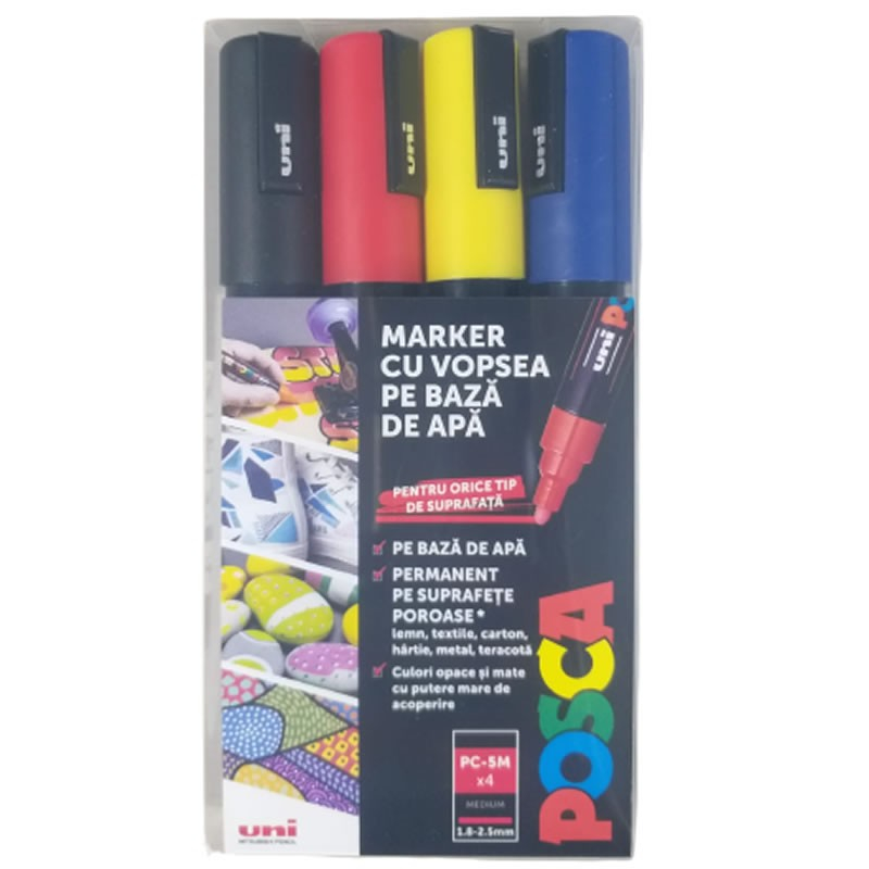 Set 4 Markere Posca PC-5M, Vârf Mediu, Multisuprafață