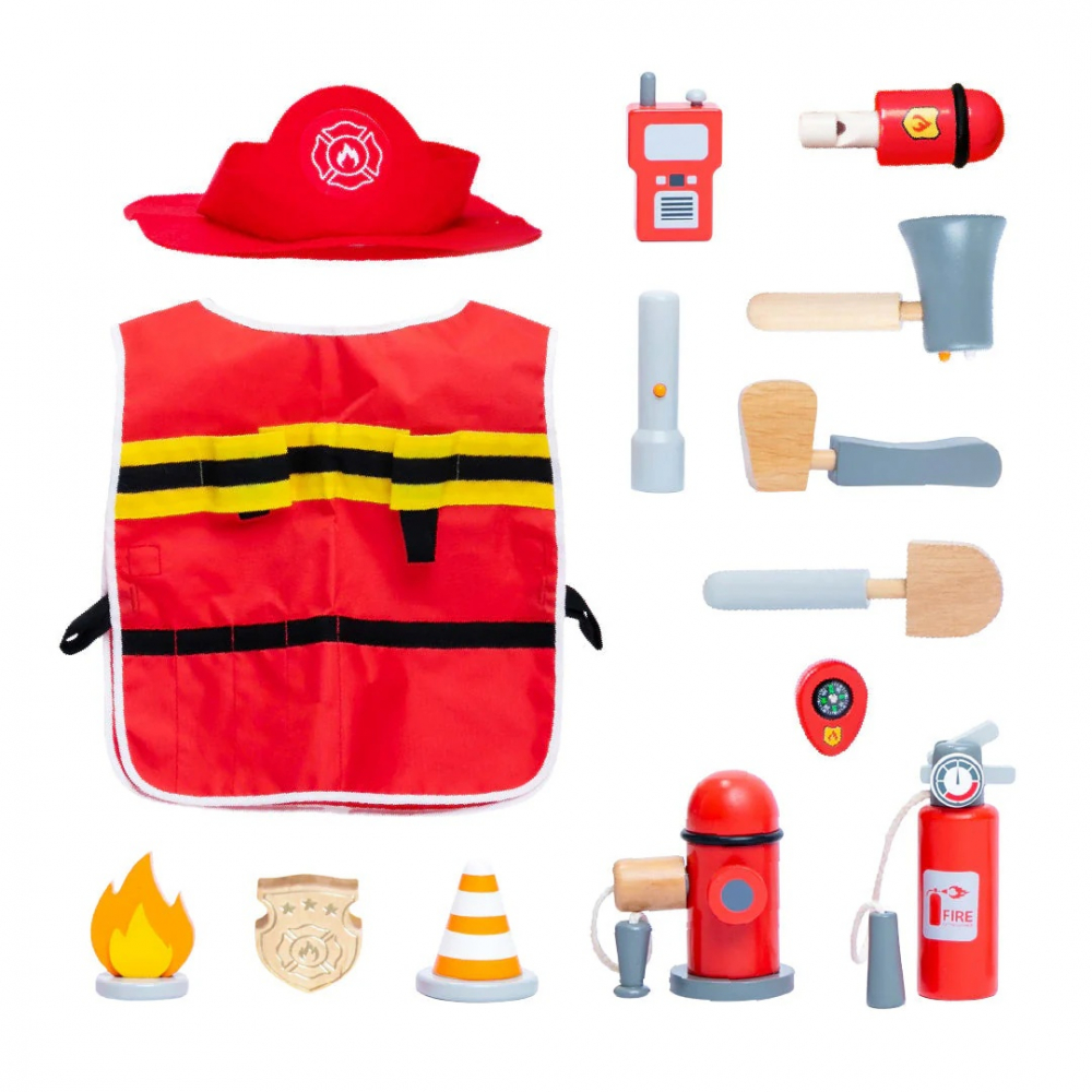 Set Pompier UMU Toys, 14 Piese, Lemn
