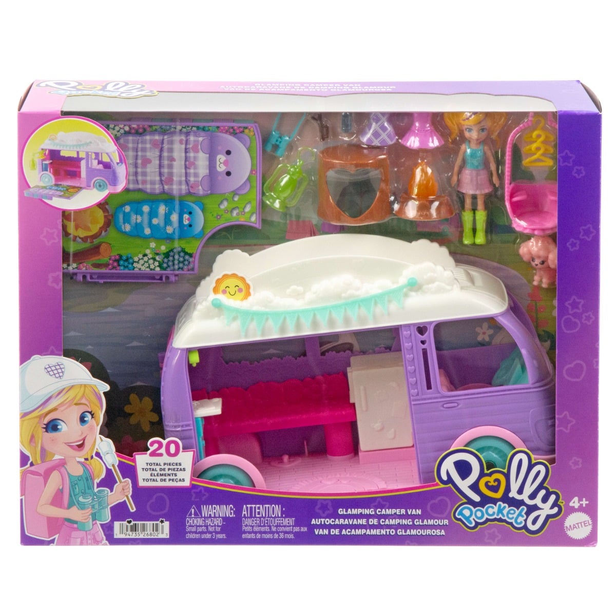 Set Polly Pocket Glamping Camper Van cu Papusa si Accesorii