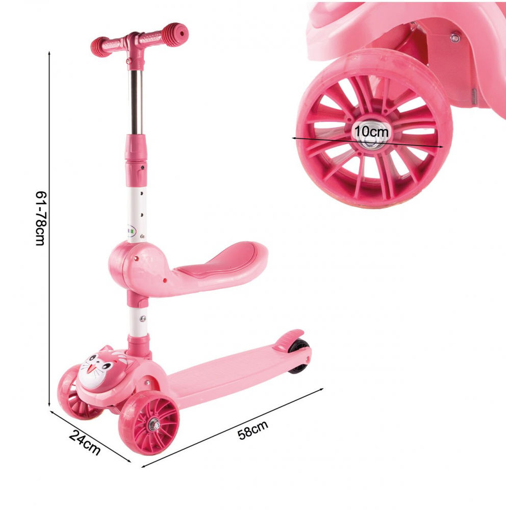 Trotineta 2 in 1 Malplay cu scaun, LED Pink Kitty - imagine 8