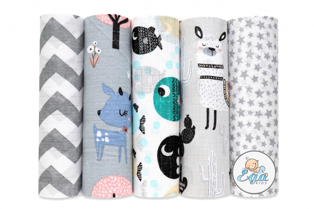 Set 5 scutece muselină Egakids, 70x80 cm, Gri - imagine 2