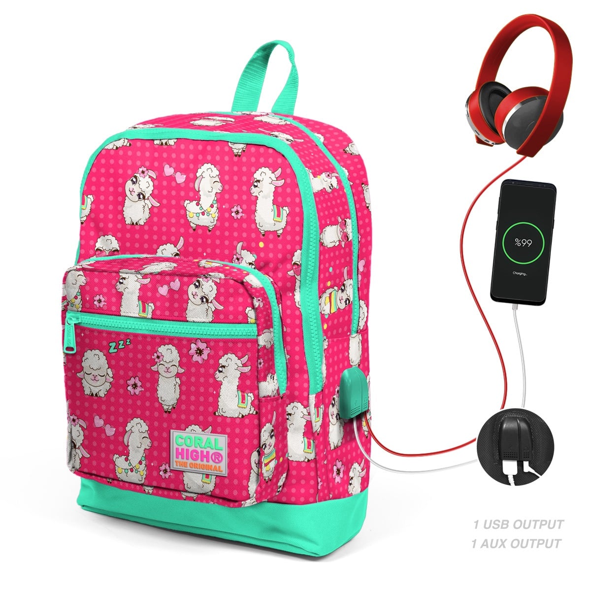 Ghiozdan Coral High Alpaca cu USB, 4 Compartimente