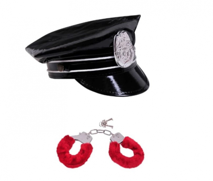 Set Casca Politie și Cătușe cu Blană Roșie OEM