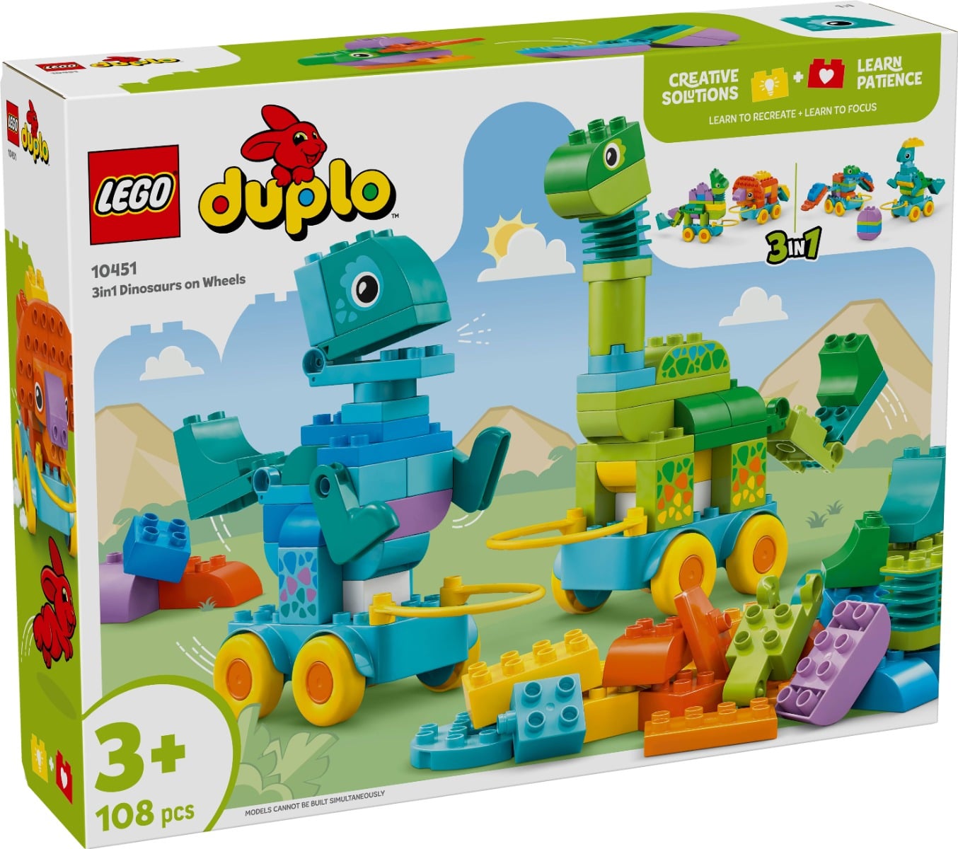 LEGO® DUPLO Dinozauri pe roti 3-in-1, 108 piese