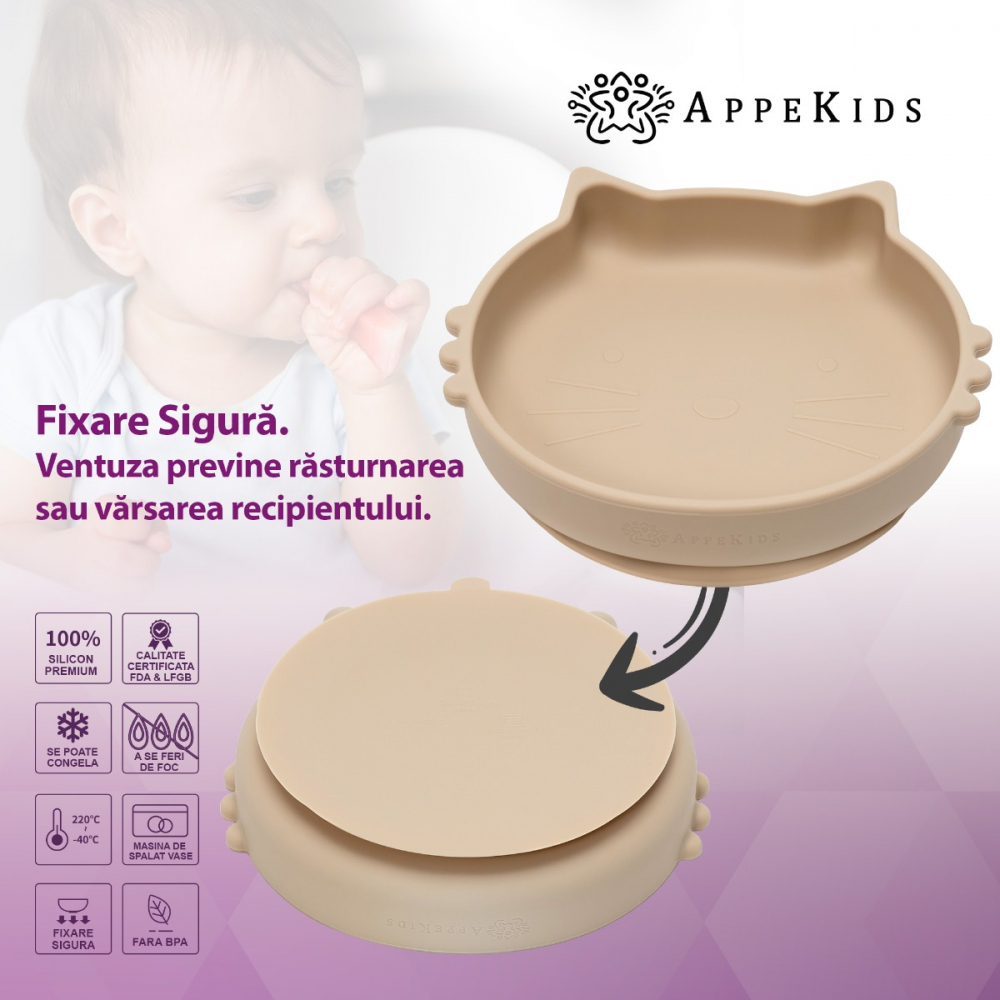 Bol Silicon AppeKids Kitty Bubble Beige, Antialunecare