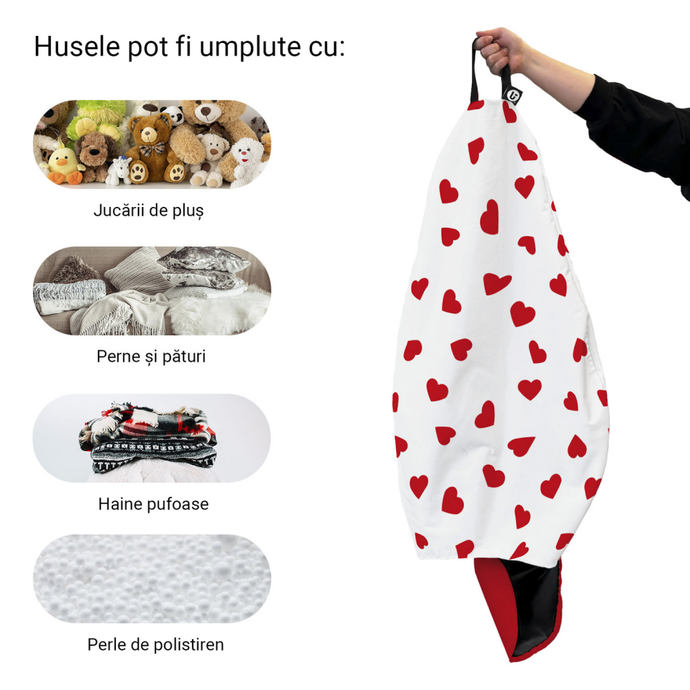 Husa Puf Para XL Updeco, Model Inimi pe Alb