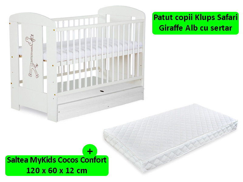 Pătuț Klups Safari Giraffe Alb cu Sertar