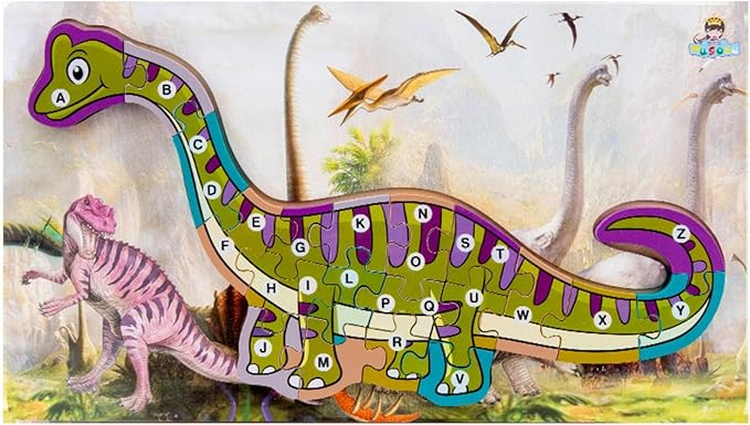 Puzzle Dinozaur 3D Amacs din Lemn cu Litere