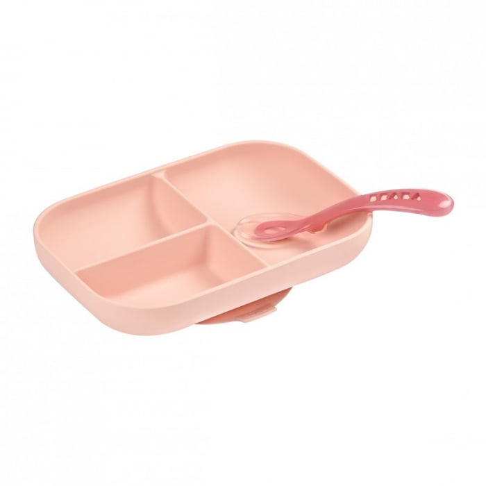 Set Masa Silicon Beaba 2 Piese Pink cu Ventuza