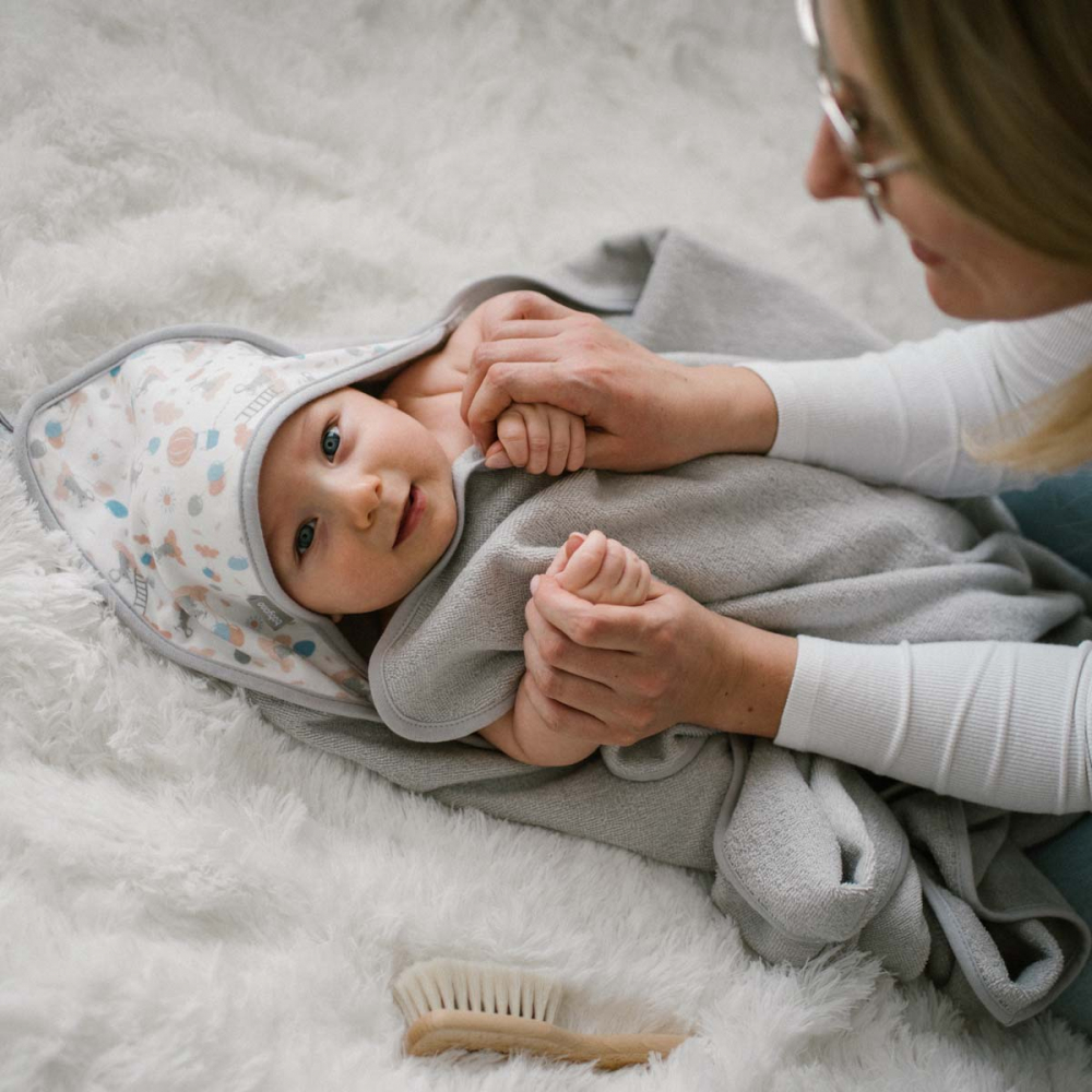 Prosop Baie Babyono cu Glugă, Bumbac Soft, Gri - imagine 4