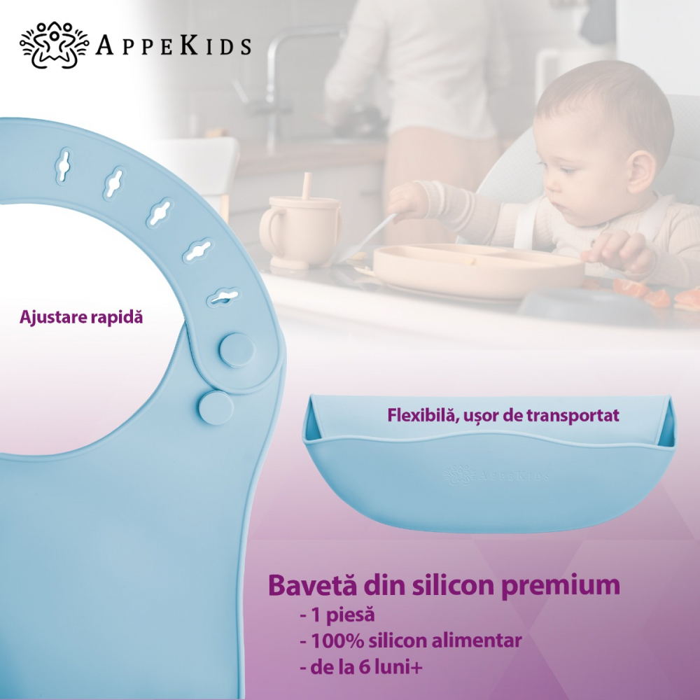 Baveta Silicon AppeKids Aqua Blue - Anti-pată și Lavabilă - imagine 2
