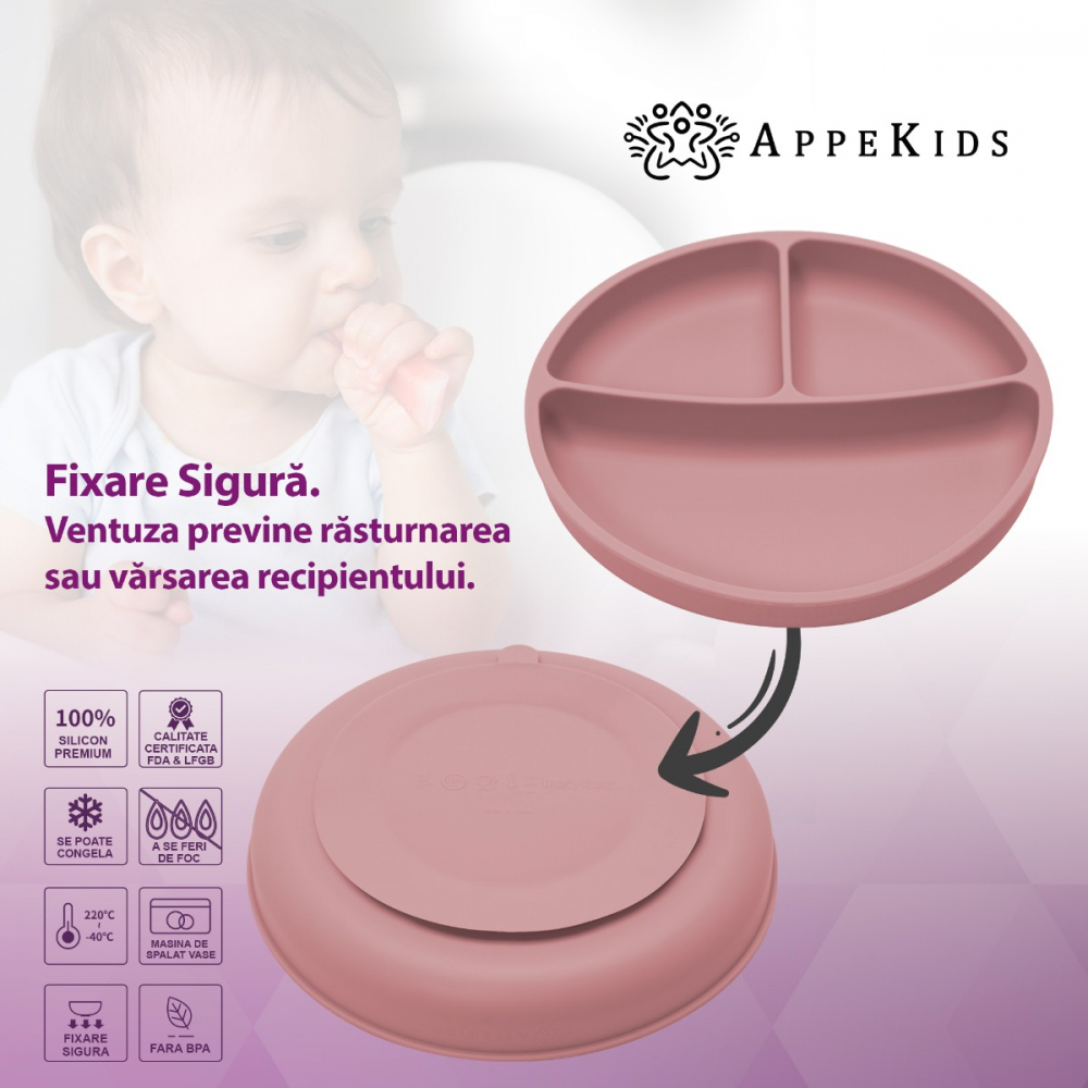 Farfurie Silicon AppeKids cu Ventuza, Old Rose - imagine 3