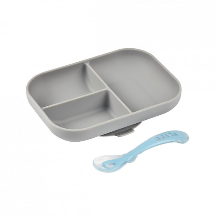 Set Masa Silicon Beaba 2 Piese Grey cu Ventuza