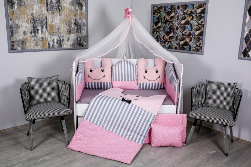 Lenjerie Patut 10 Piese Mykids, Gri-Roz, 120x60 cm - imagine 3