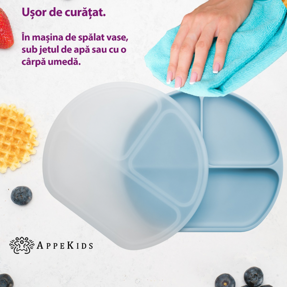 Farfurie Silicon AppeKids Aqua Blue cu Ventuză - imagine 3