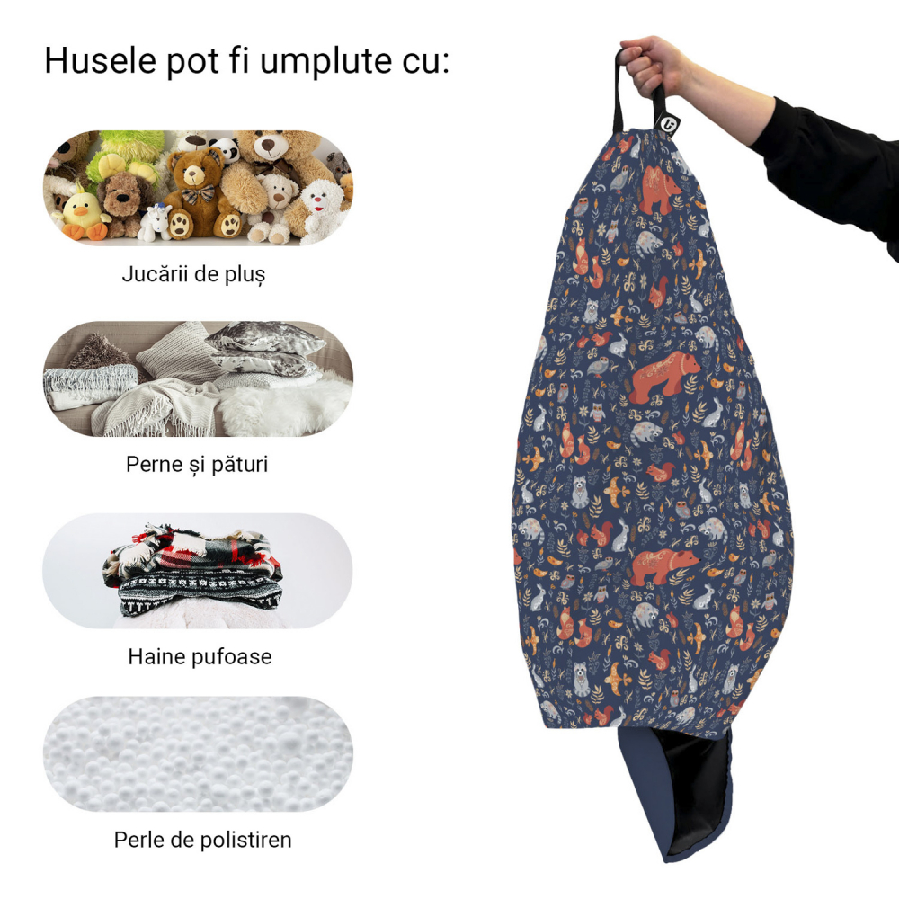 Husă Puf Bean Bag Para XL Updeco, Model Prietenii Pădurii