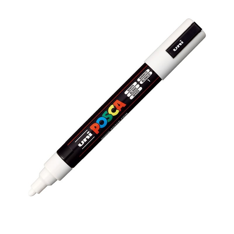Marker UNI PC-5M Posca Alb, Vârf Mediu, Versatil