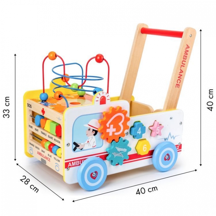 Antemergător 2 în 1 Ecotoys Ambulanță din Lemn - imagine 6