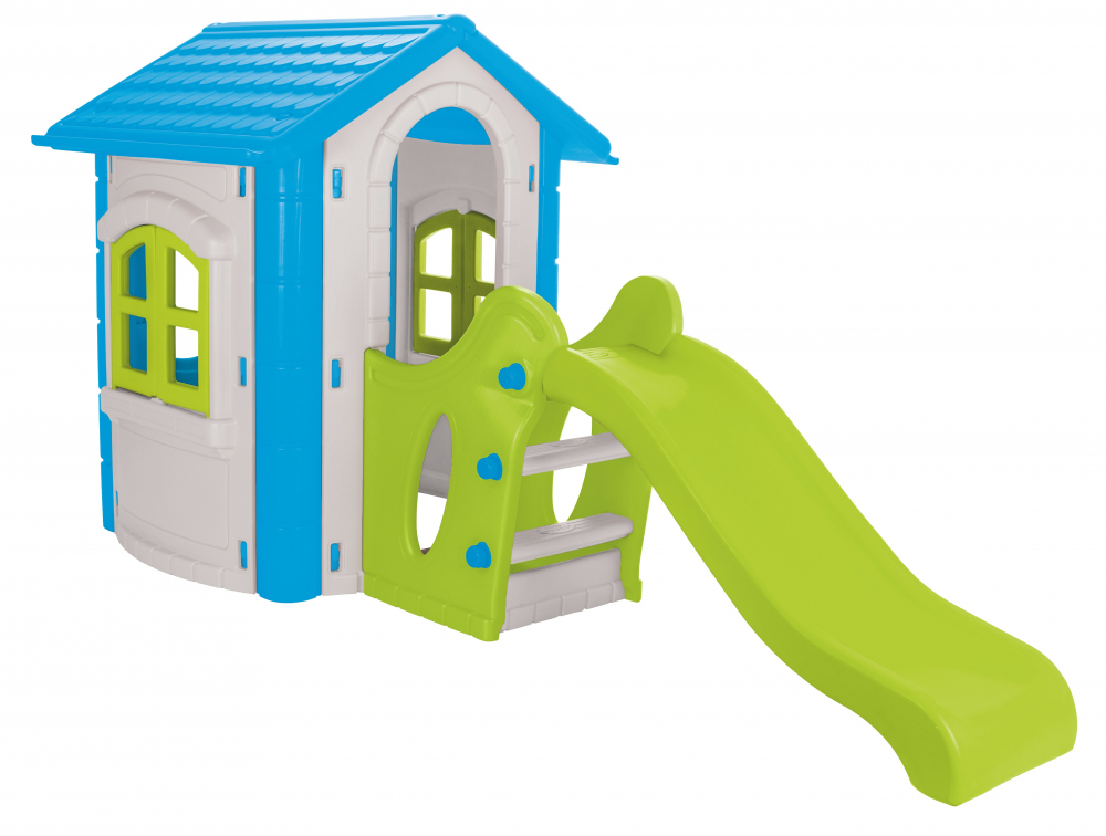Casuta Pilsan Happy House cu Tobogan, Albastru/Verde - imagine 2