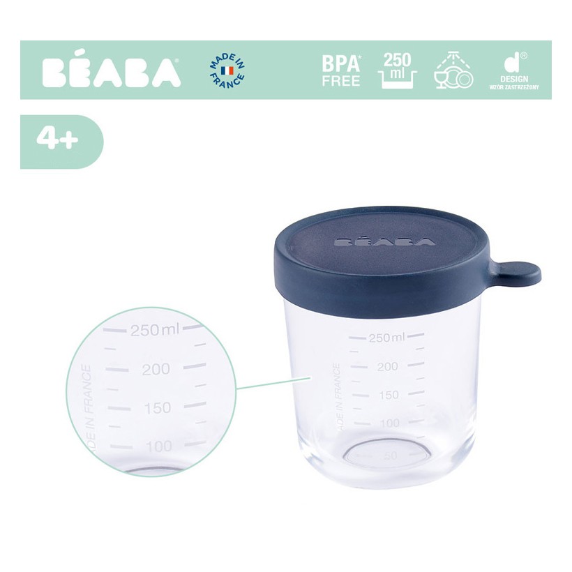 Recipient ermetic sticlă 250ml Beaba, Albastru