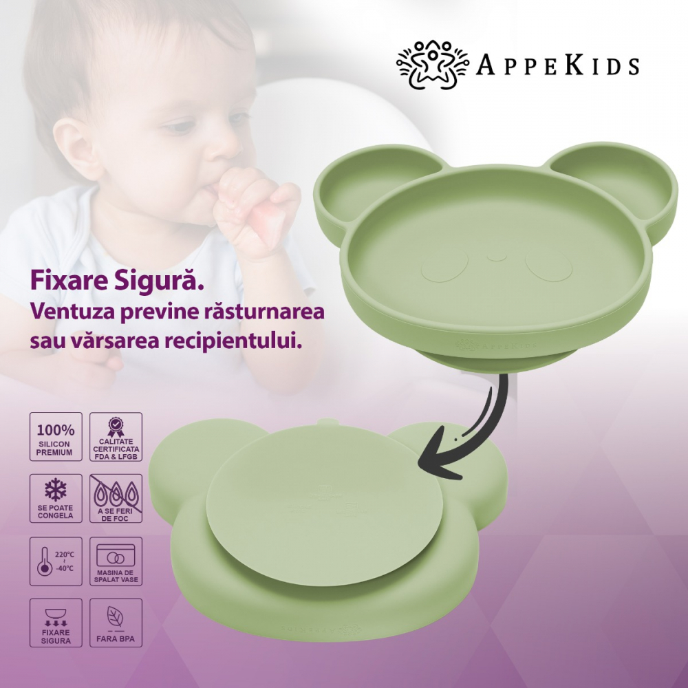 Farfurie Silicon Panda AppeKids cu Ventuza - imagine 3