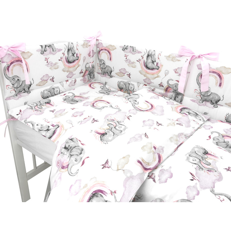 Lenjerie Patut Qmini 3 Piese cu Protectie Elephants Pink