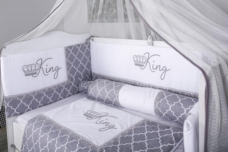 Lenjerie MyKids King 10 Piese cu Baldachin Gri-Alb