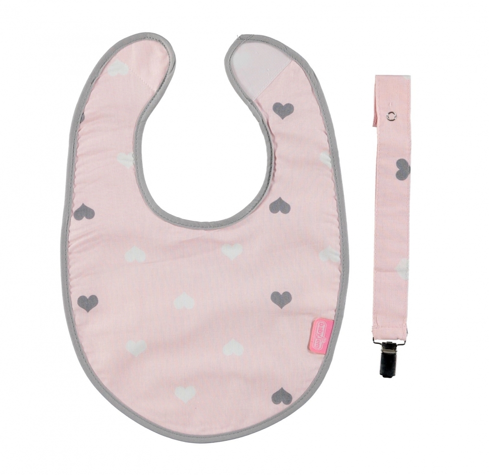 Baveta Little Hearts Pink cu Suport Suzeta Babyjem