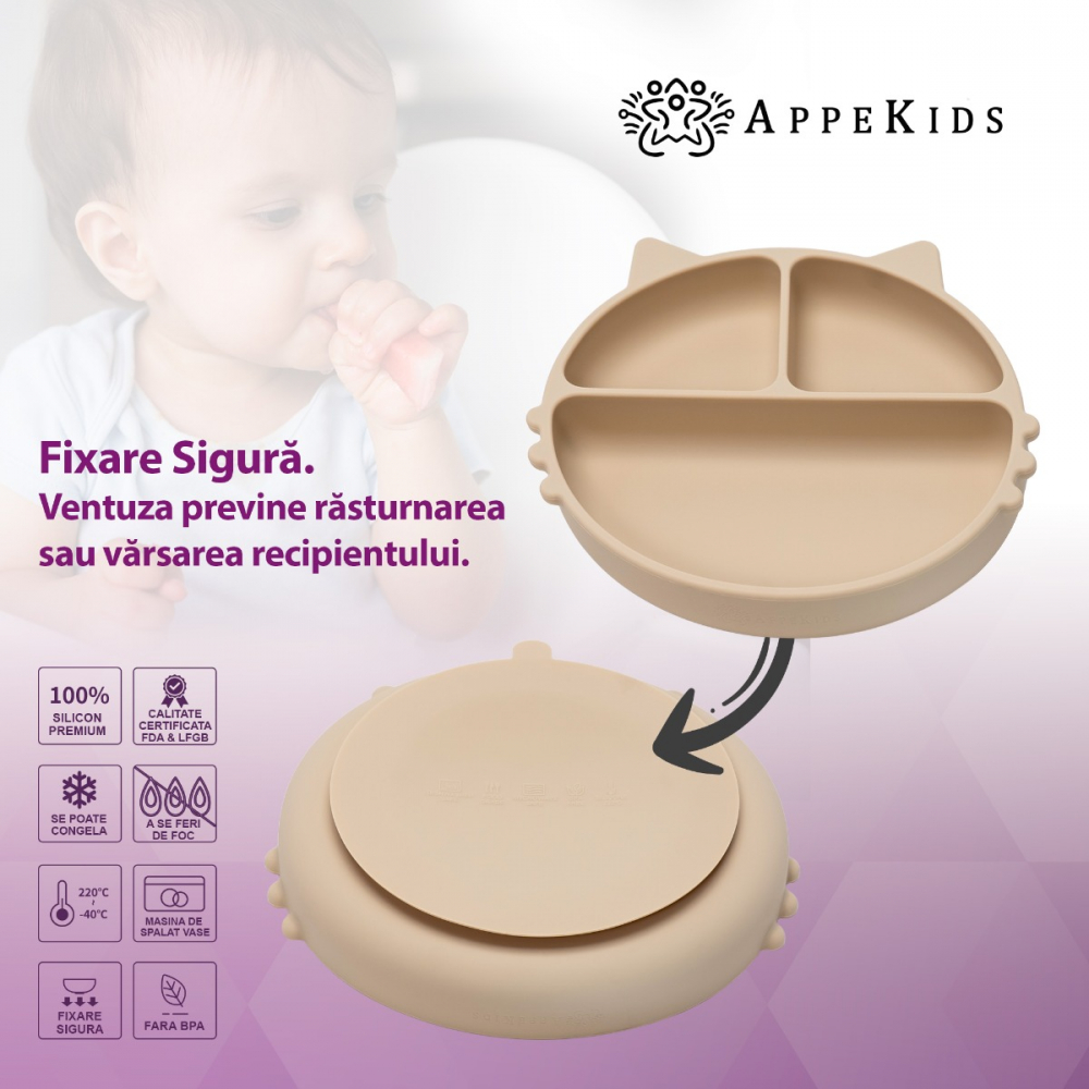 Farfurie AppeKids Silicon Beige cu Ventuza - imagine 2