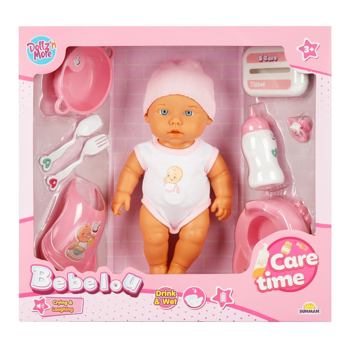 Papusa Bebelou 32 cm Roz, Dollz n More, Set Ingrijire