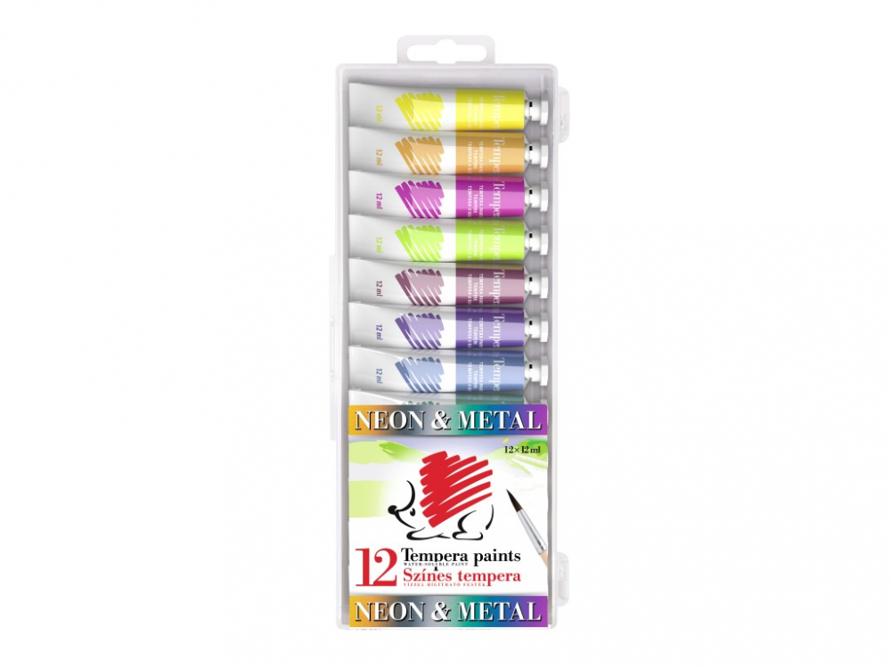 Set Acuarele Tempera Ico, 12 Culori Neon și Metalice